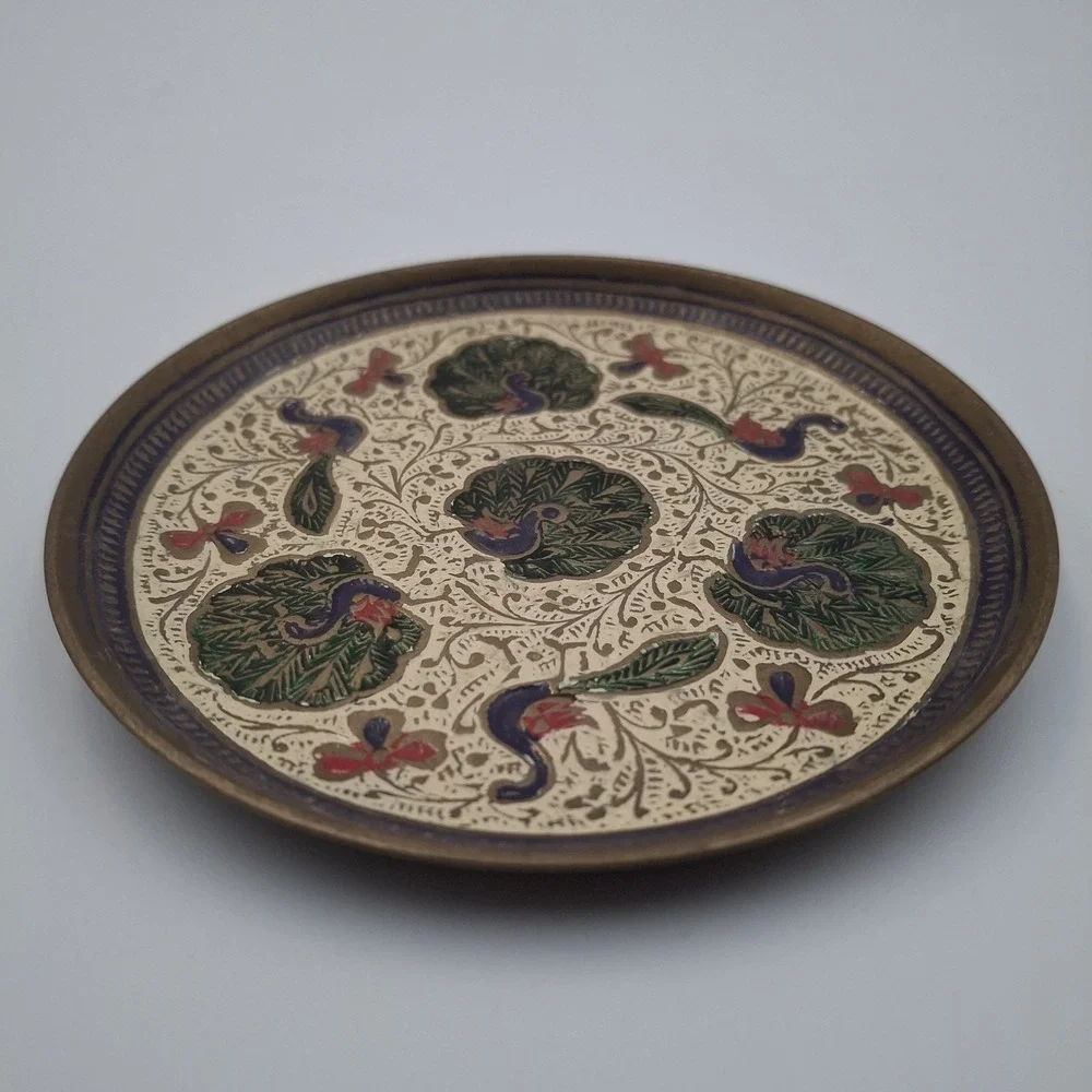 Vtg Hand-Etched Brass Trinket Plate Enamel Peacock Pheasant Floral 4